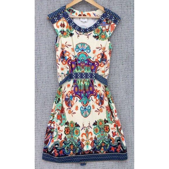 Eci New York Dress Womens Small S Beige Floral Pattern Flare Sleeveless Beaded - Picture 1 of 10